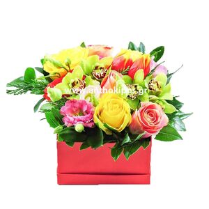 Roses and orchids in red square box