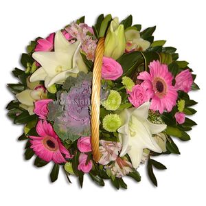 Flower arrangement in fuchsia-white shade in basket with handle