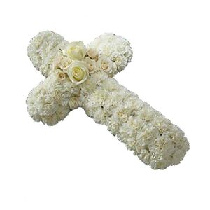 Funeral flowers cross with carnations and white roses